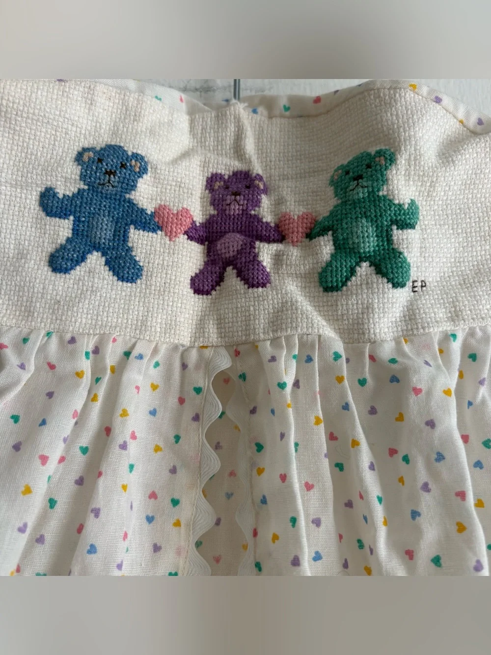 VTG Handmade Baby Diaper Storage White Multicolor Hearts Needlepoint Teddy Bears